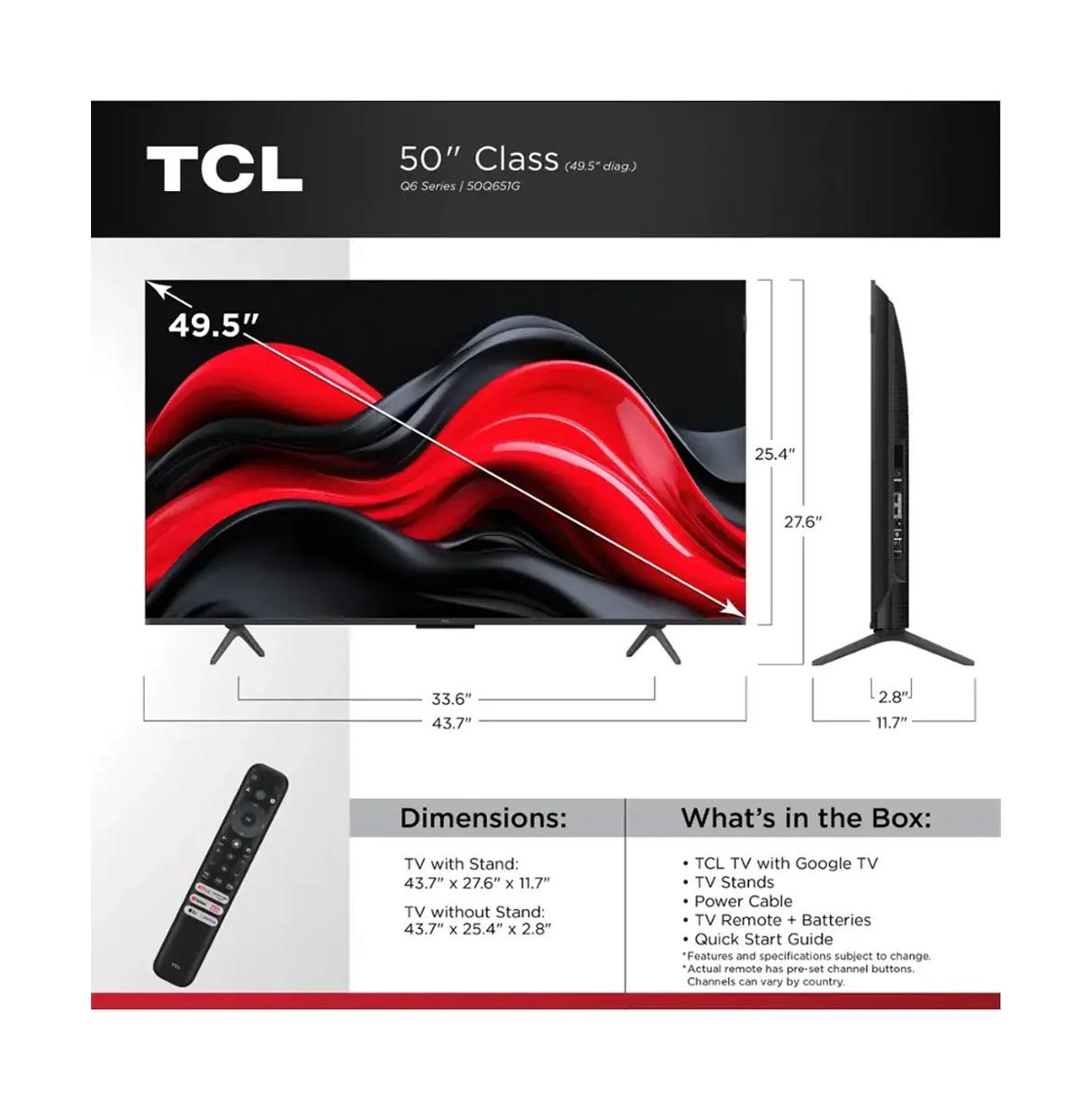 Tcl 50" Q6 Q-Class Qled 4K Uhd Hdr Smart Tv - Dolby Vision, HDR10+, Google Tv - 50Q651G