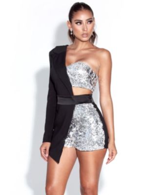 Women's Skylynn Sequin Black One Sleeve Blazer Romper