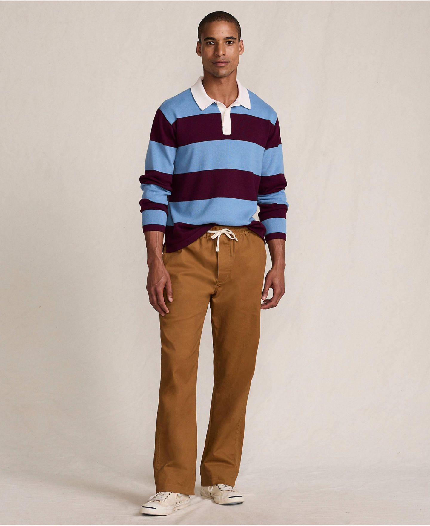 Мужские рубашки Lands' End Long Sleeve Cotton Rugby Sweater Polo, цвет: Бордовый / Синий полосатый — фото 4