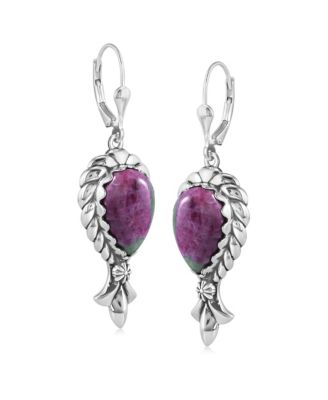 Sterling Silver Ruby Zoisite Pear-Cut Squash Blossom Lever Back Dangle Earrings