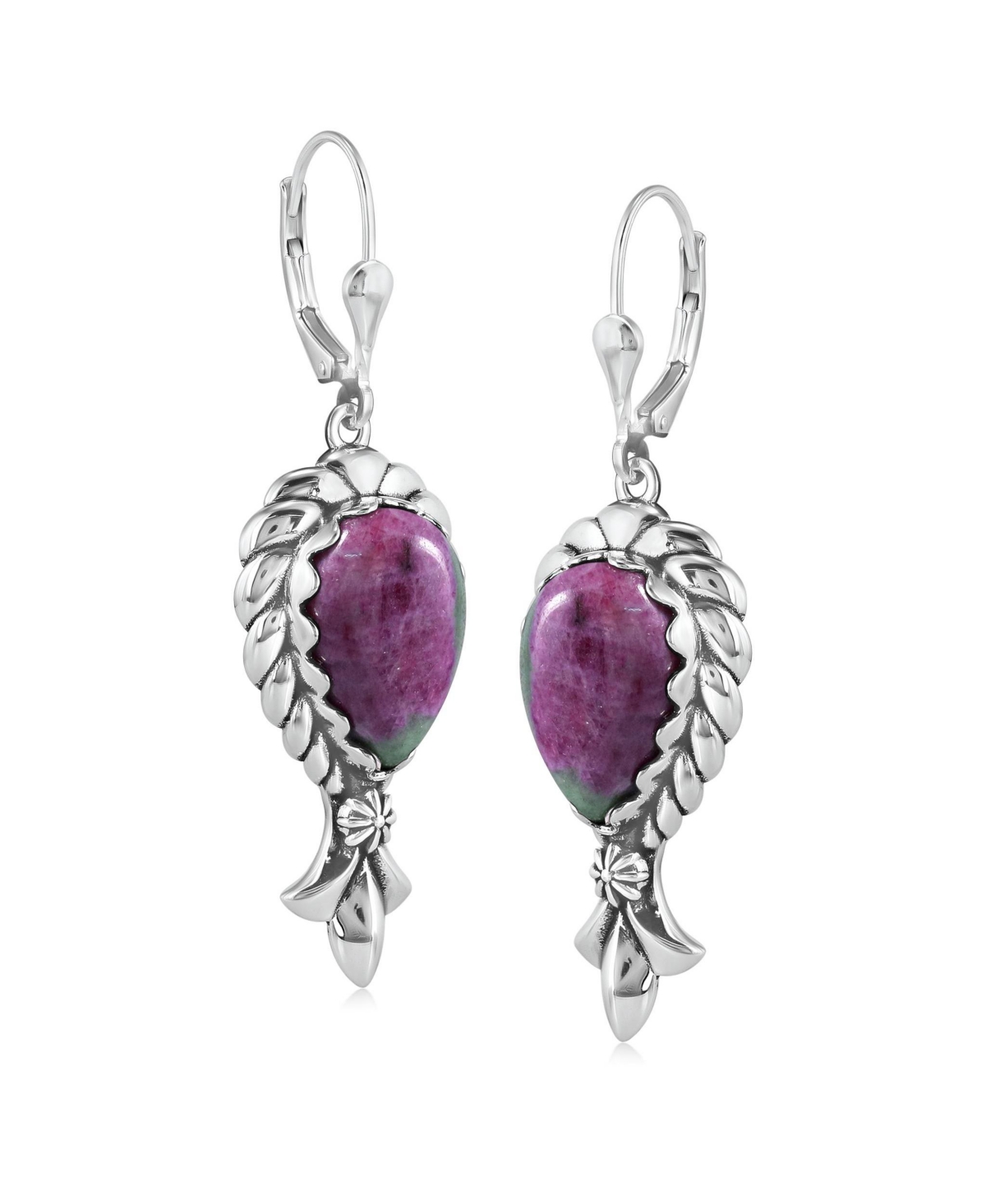American West Jewelry Sterling Silver Ruby Zoisite Pear-Cut Squash Blossom Lever Back Dangle Earrings