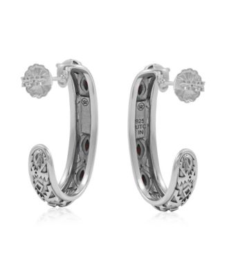 Sterling Silver Red Jasper Patterned J-Hoop 1 Inch Earrings