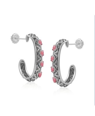 Sterling Silver Rhodonite Patterned J-Hoop 1 Inch Earrings