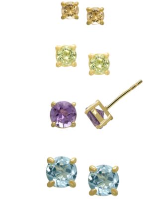 4-Pair Amethyst, Blue Topaz, Citrine and Peridot Stud Earrings in 14k Gold Over Sterling Silver