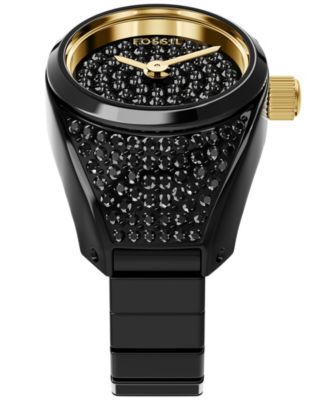 Women's Watch Ring Two-Hand Pav&eacute; Black Stainless Steel Watch, 15mm