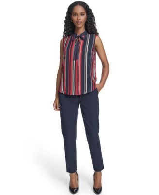 Women's Sleeveless Striped Tie V-Neck Blouse