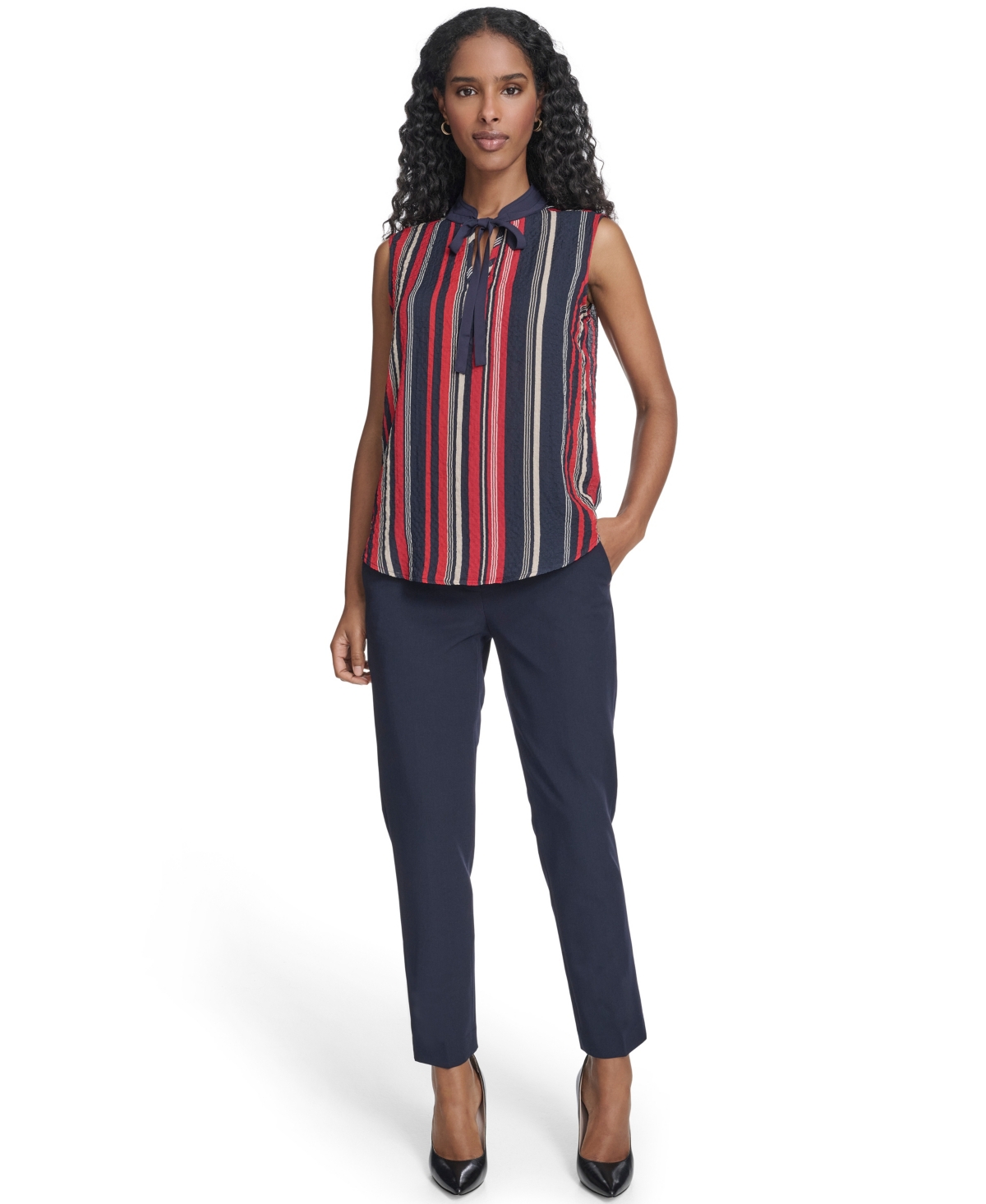 Tommy Hilfiger Women's Sleeveless Striped Tie V-neck Blouse In Multi