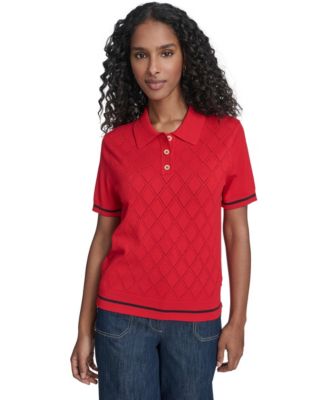 Women's Short Sleeve Pointelle Polo Sweater