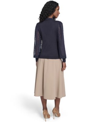 Women's Mixed Media Floral Clip Long Sleeve Sweater