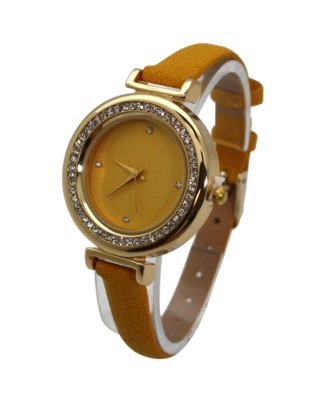 Yellow Faux Leather Solid Colors and Rhinestones Women Watch