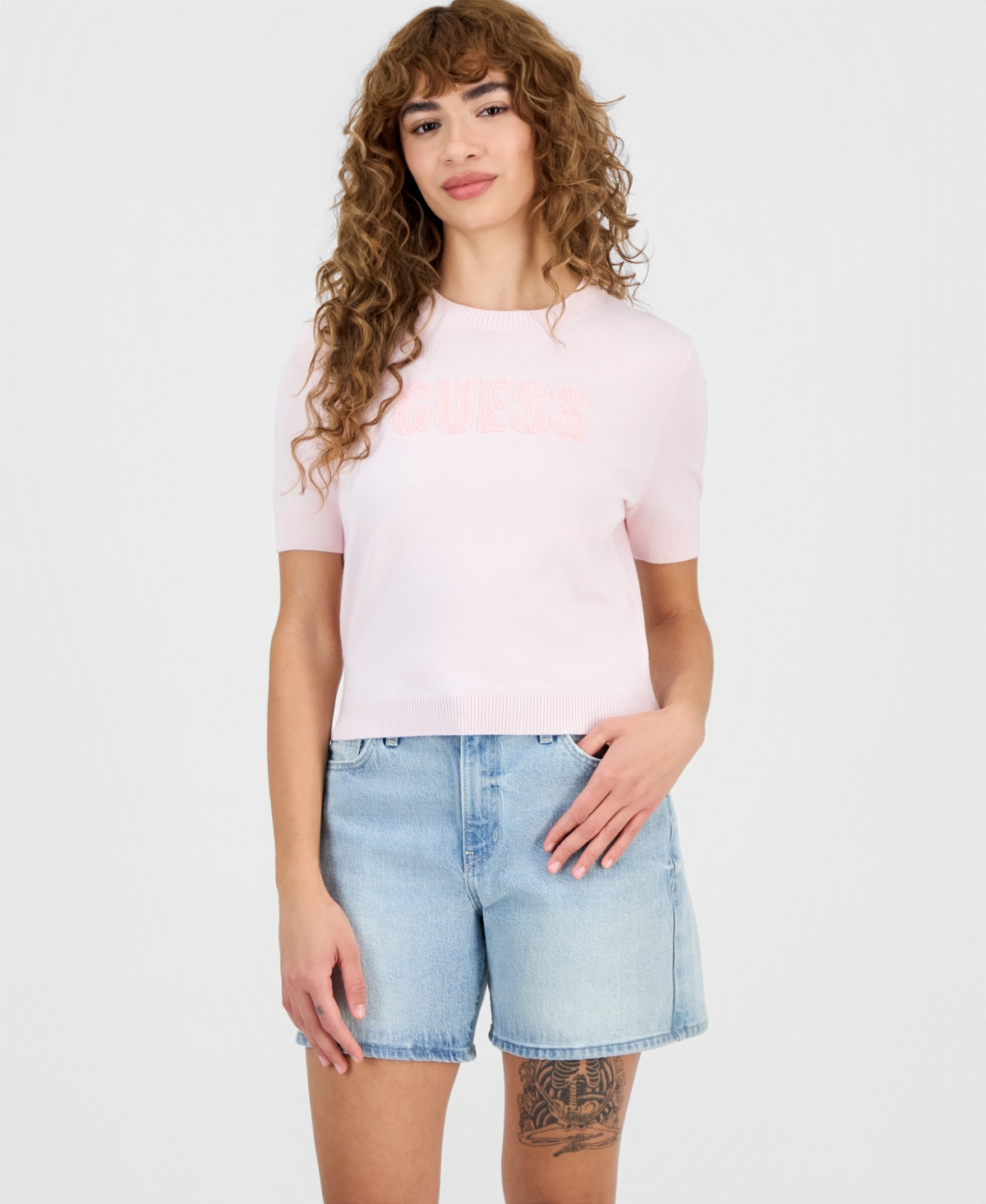 Guess Women's Short-sleeve Norah Logo Sweater In Pink