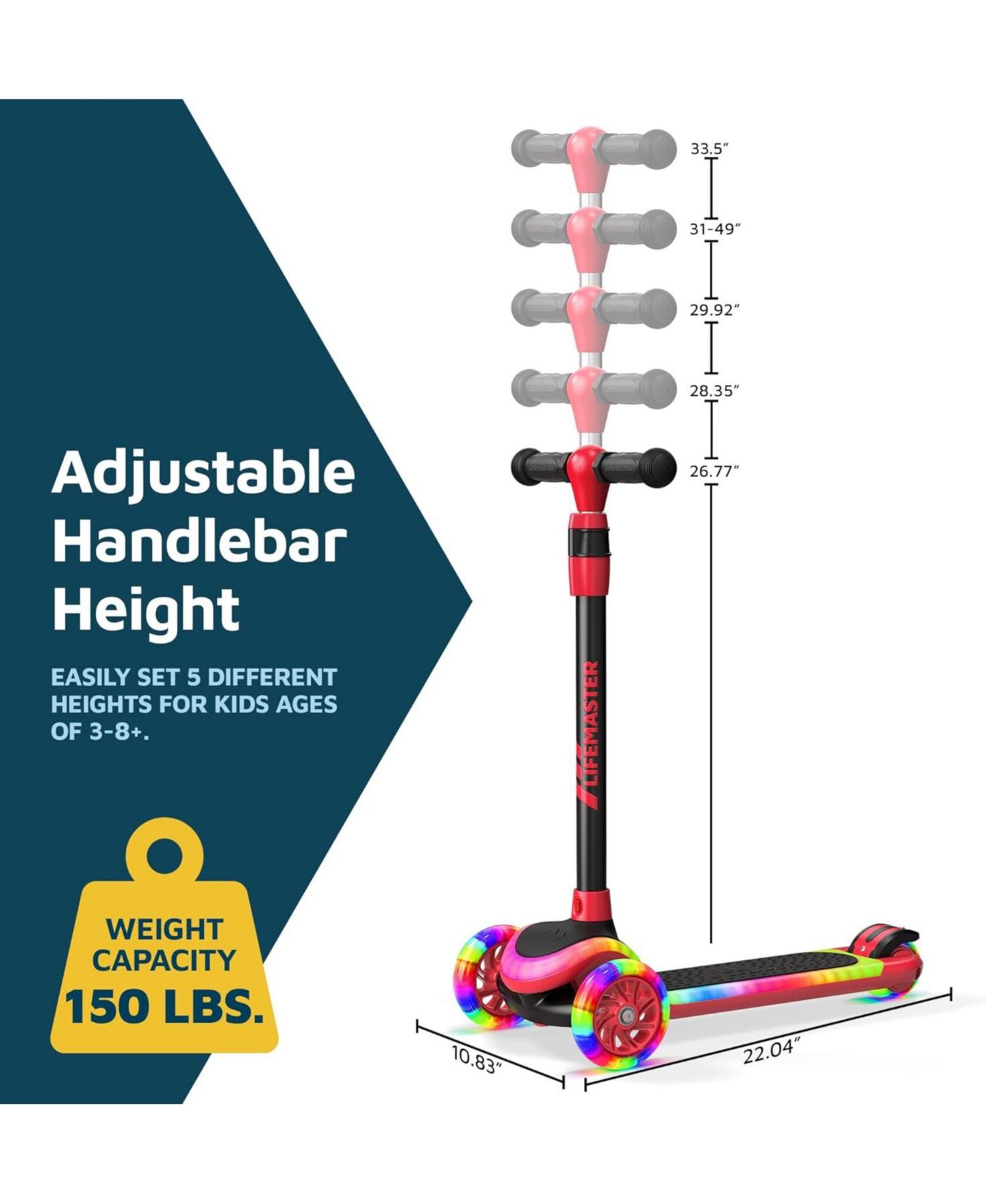 Детская игрушка Lifemaster 3-Wheel Kids Scooter with Multi-Color LED Lights & Adjustable Handlebar, 150 lbs Capacity, Ages 3+ — фото 8