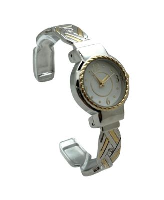 Detailed Bright Metallic Elegant Cuff Women Watch, Two Tone