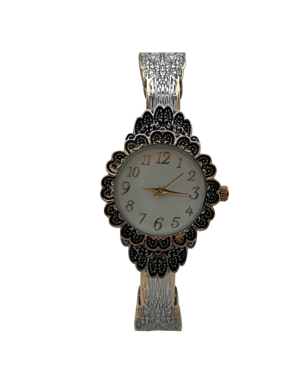 Olivia Pratt Two Tone Elegant Flower Detailed Face Bangle Women Watch