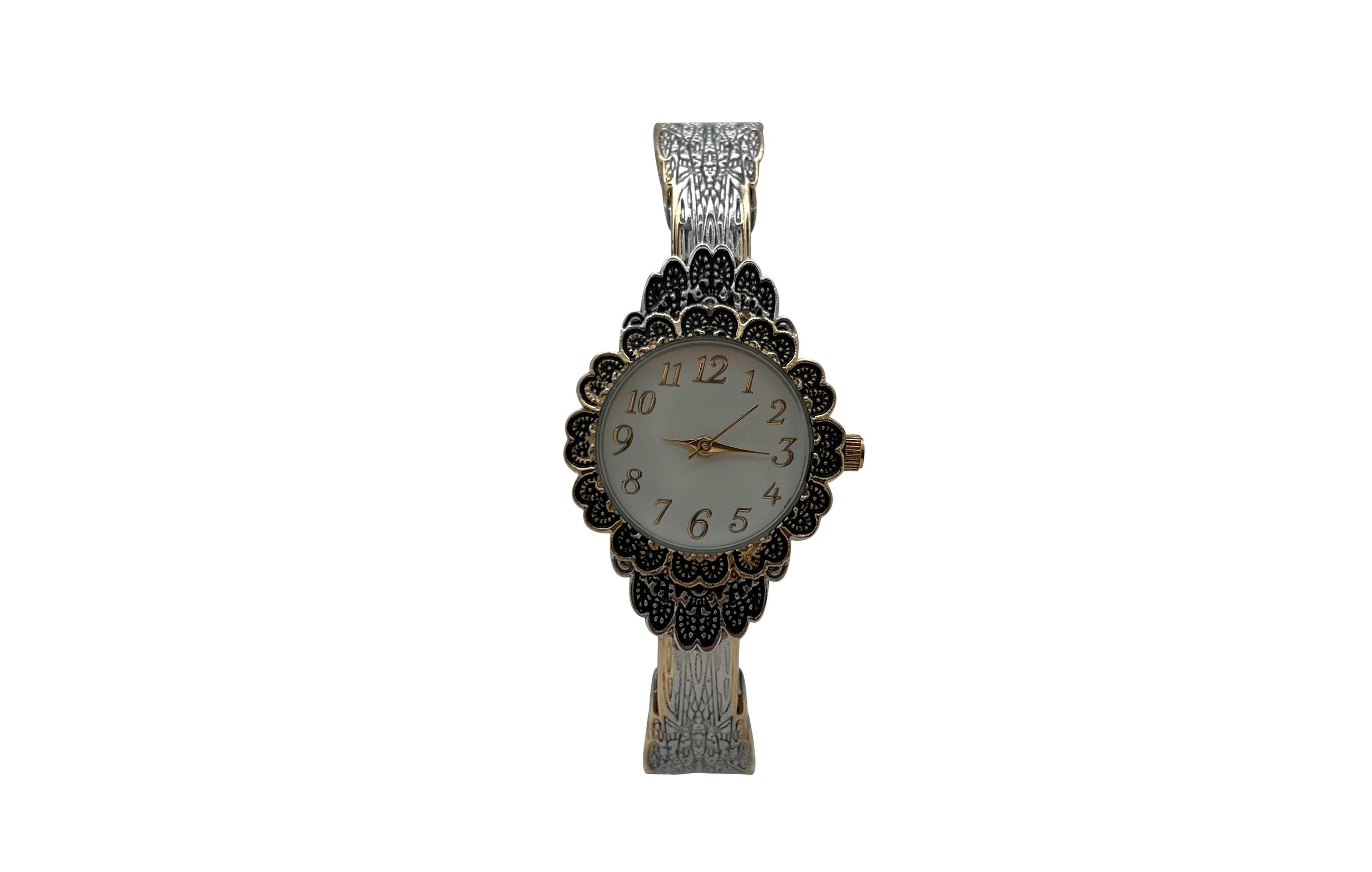 Olivia Pratt Two Tone Elegant Flower Detailed Face Bangle Women Watch