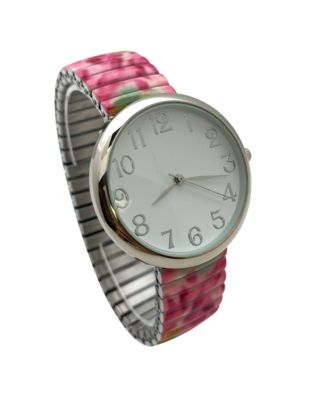 Bright Pink Big Dial Easy Reader Watch Printed Elastic Stretch Band Wristwatch Women Watch