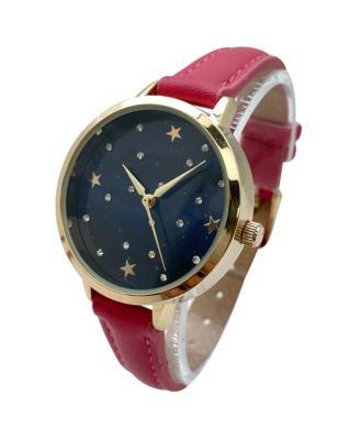 Stars and Rhinestones Faux Leather Women Watch, Hot Pink