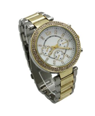Two Tone Rhinestone Bezel Decorative Chronograph Watch