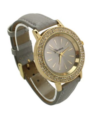 Gray Rhinestones Detail Leather Strap Watch