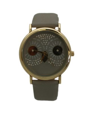 Gray Dazzling Owl Face Leather Strap Watch