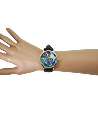 BLACK COLORFUL CACTUS DIAL LEATHER STRAP WATCH