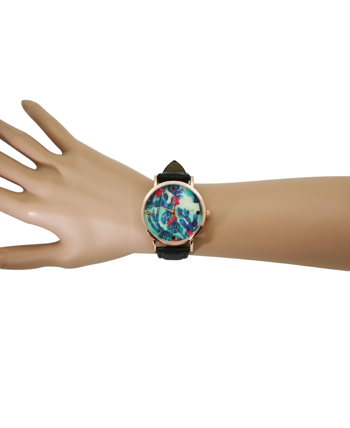 Olivia Pratt Black Colorful Cactus Dial Leather Strap Watch