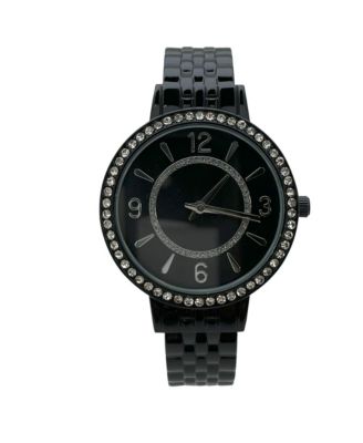 Black Round Face Rhinestone Bezel Textured Bangle Women Watch