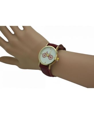 Burgundy Bicycle Face Leather Strap Watch