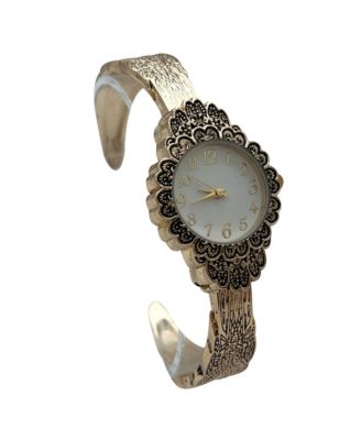Gold Elegant Flower Detailed Face Bangle Women Watch