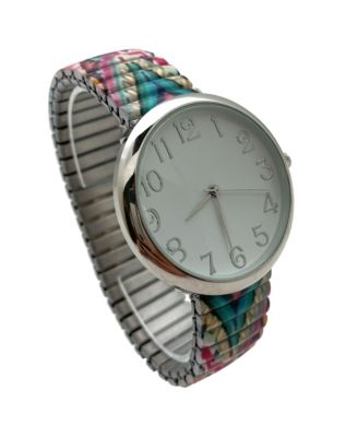 Mix Colors Big Dial Easy Reader Watch Printed Elastic Stretch Band Wristwatch Women Watch