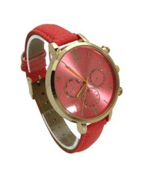 Coral Pink Three Subdial Gold Accented Leather Strap Watch