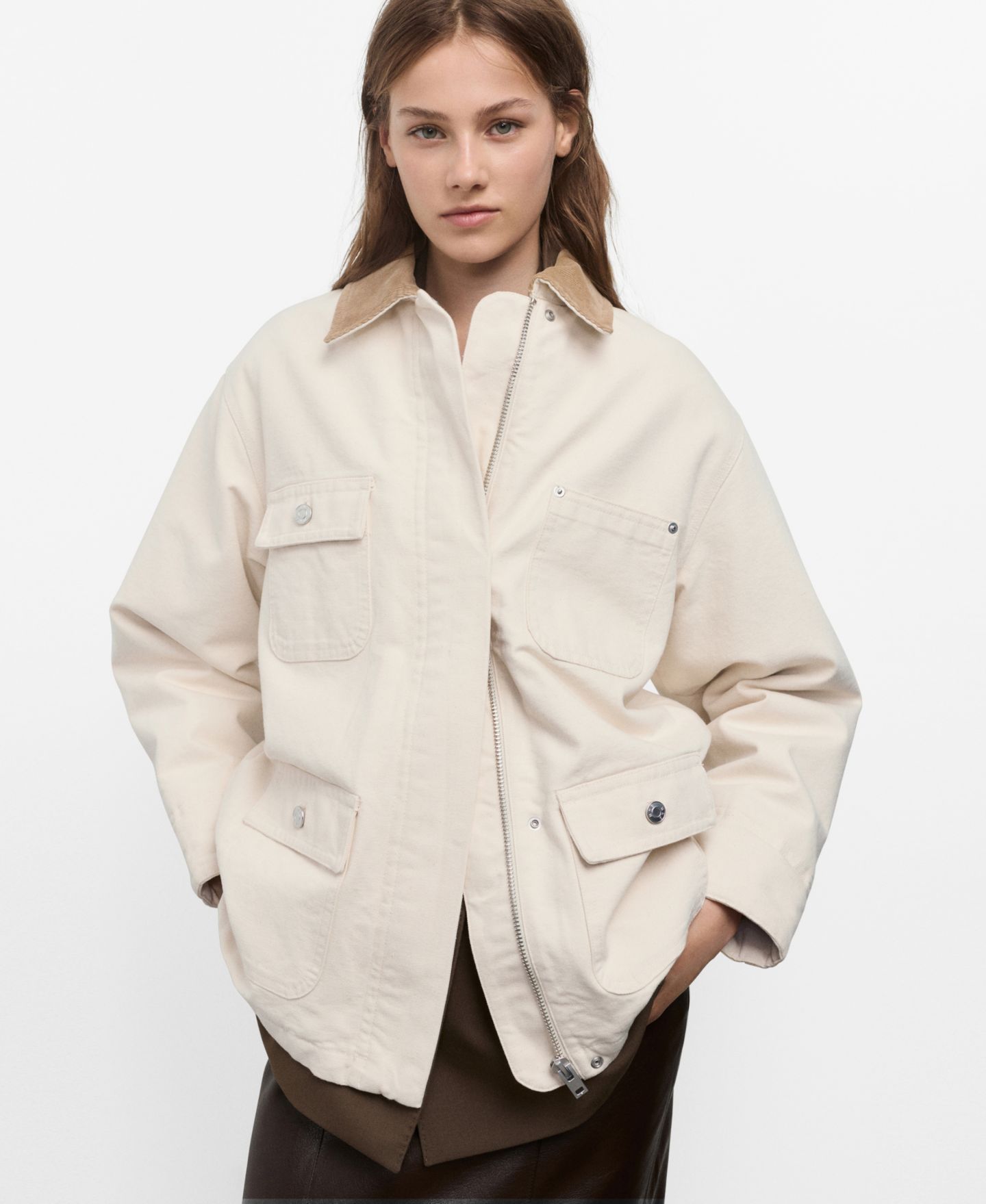 Женская куртка MANGO Corduroy Collar Denim Parka Blazer, цвет: Экрю — фото 1