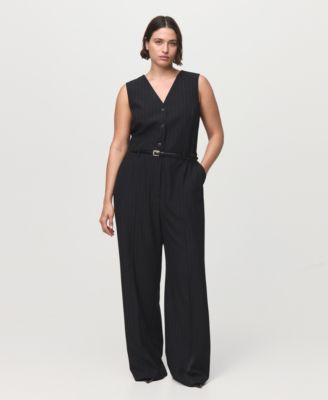 MANGO - Women's Belted Pinstripe Jumpsuit