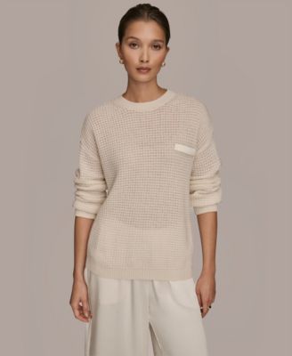 Women's Long-Sleeve Wool Cashmere Blend Waffle Stitch Sweater with Chest Pocket