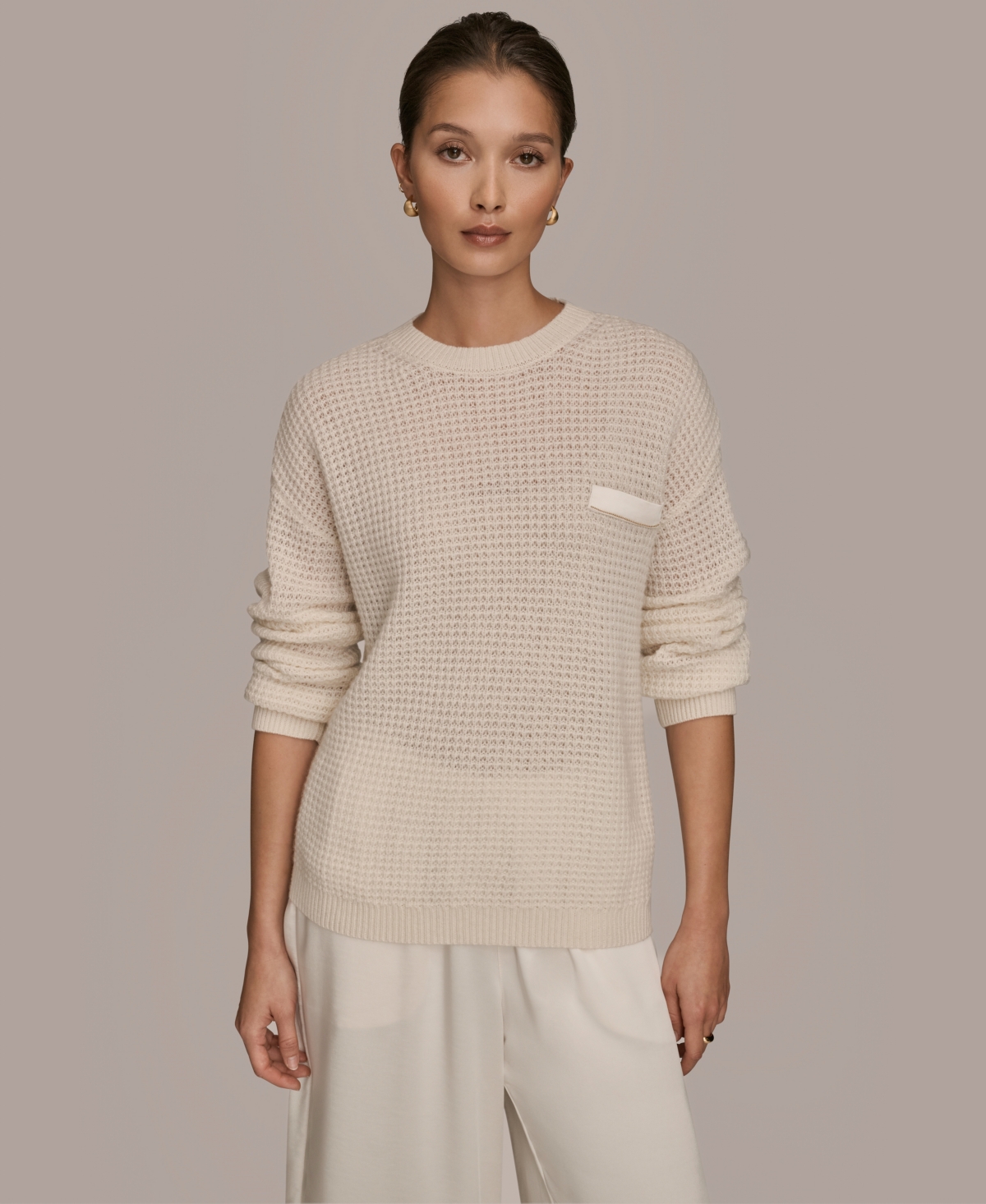 Donna Karan Weekend Women's Long Sleeve Waffle Stitch Sweater In Neutral