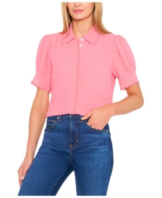 Women's Scalloped Puff-Sleeve Button-Front Top