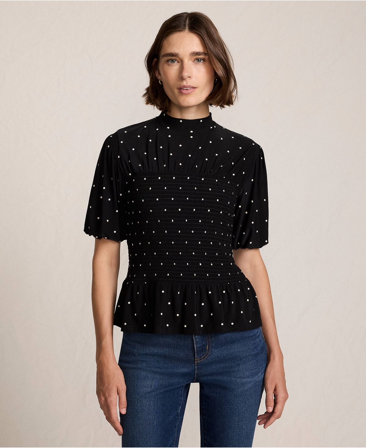 Lands' End Women's Bubble Sleeve Silky Knit Smocked Mock Neck Top