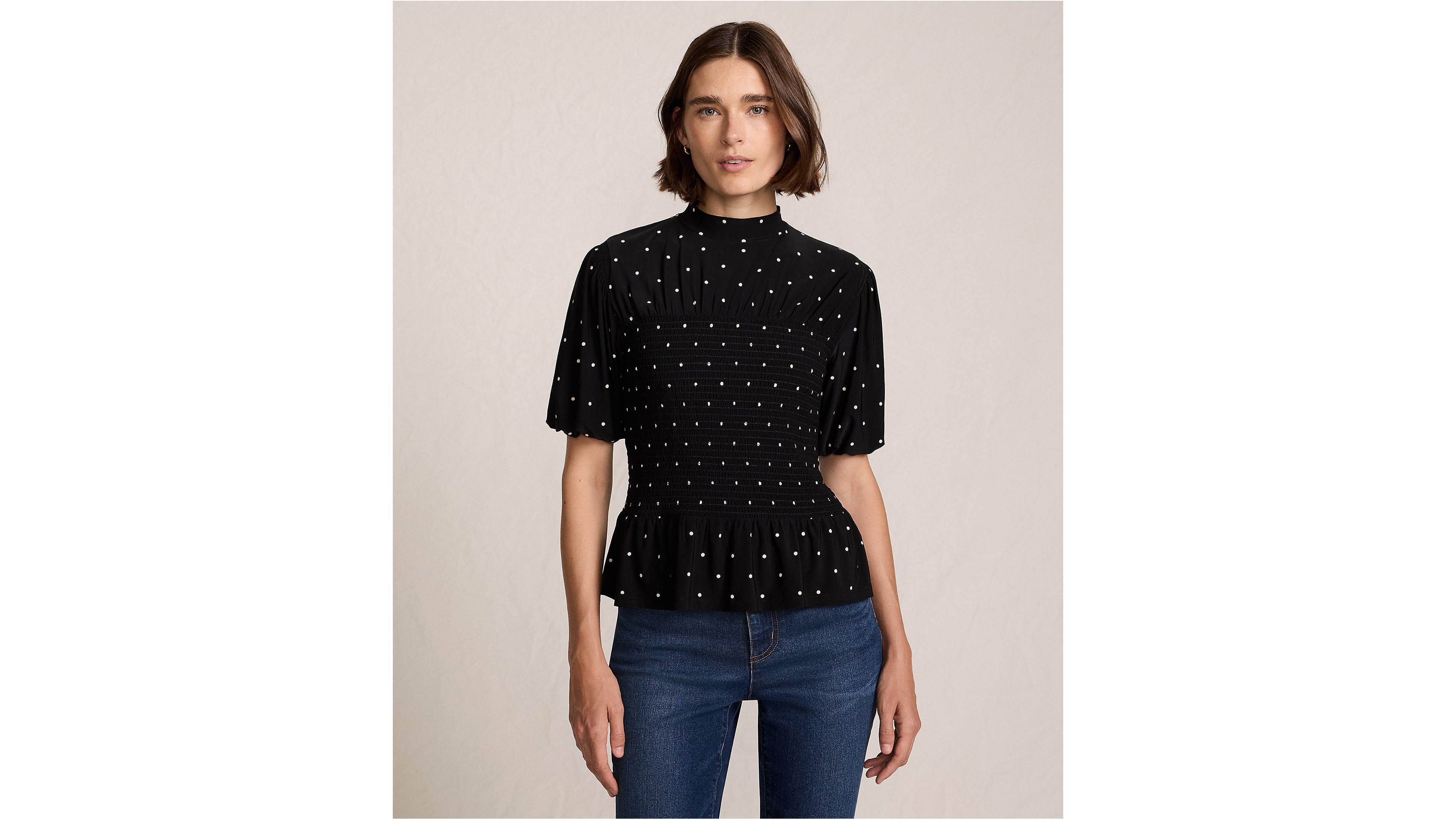 Lands' End Women's Bubble Sleeve Silky Knit Smocked Mock Neck Top