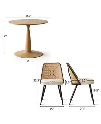 3-Piece 34.5 Inch Round Dining Set with Wood-Look Pedestal Table and 2 Upholstered Rattan Back Chairs with Black Metal Legs-Maison Boucle