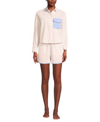 Women's Cotton Poplin 2 Piece Pajama Set - Long Sleeve Top and Shorts with Piping