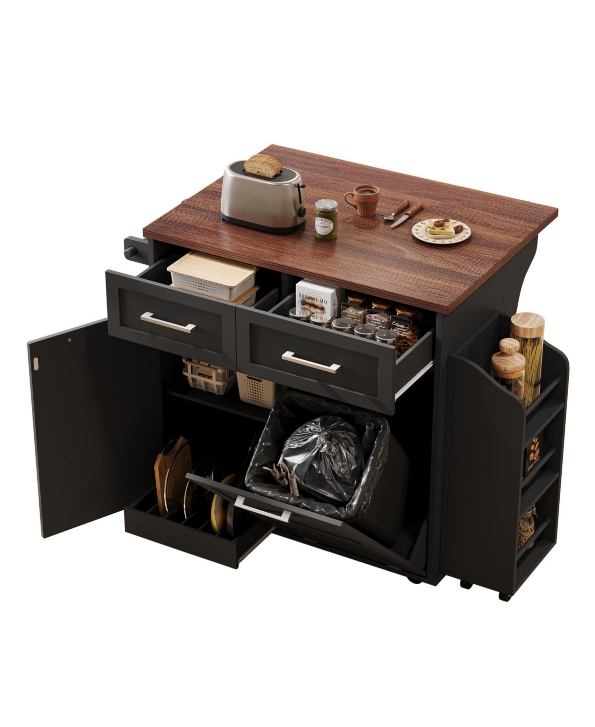 Streamdale 47.2" Farmhouse Kitchen Island with Drop Leaf & Storage, Rolling Cart, Black