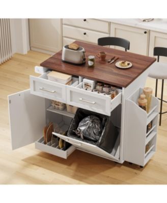 47.2" Farmhouse Kitchen Island with Drop Leaf & Storage, Rolling Cart