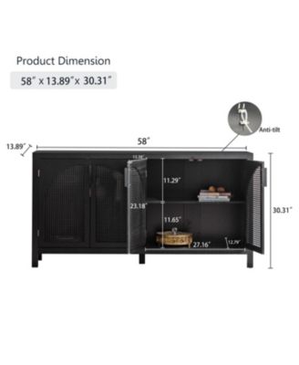 58" Mid-Century MDF & Rattan Magnetic Doors, Adjustable Shelves, Metal Handles Rattan Sideboard Buffet Cabinet