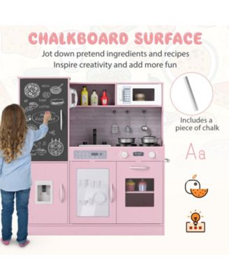 Play Kitchen Toy Set w/ Chalkboard Oven Sink Curtain Microwave Water Dispenser