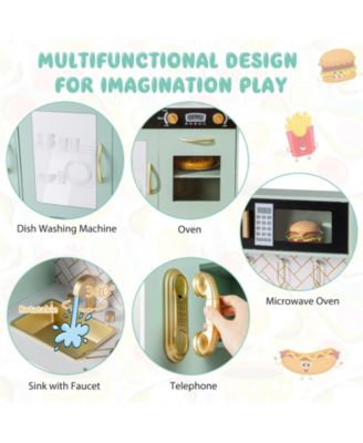 Play Kitchen Toy Set w/ Chalkboard Oven Sink Curtain Microwave Water Dispenser