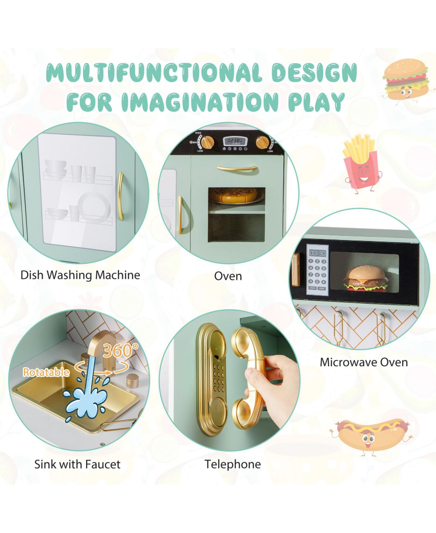 Детская игрушка Gymax Light-Up Stoves Chalkboard Play Kitchen, Ages 3+, цвет: Зелёный — фото 9