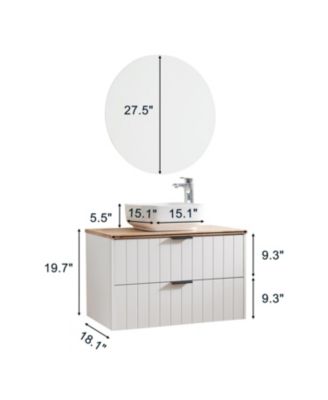 Streamdale 32" Double Drawer White Vanity, Natural Wood Top, Ceramic Sink & Round Mirror