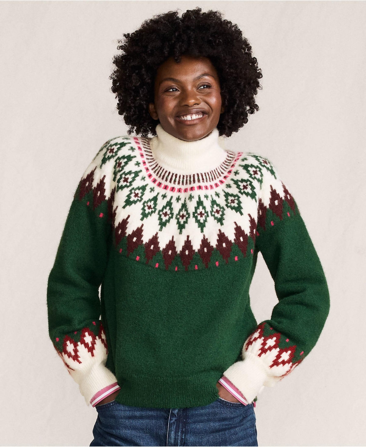 Lands' End Women's Fuzzy Turtleneck Lantern Sleeve Jacquard Sweater
