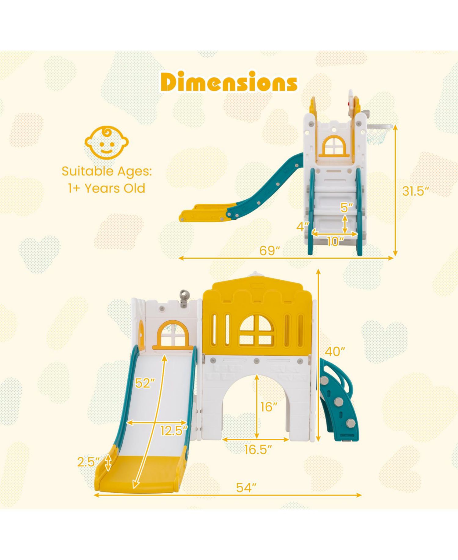 9 in 1 Toddler Slide L Shaped Kids Slide and Climber Playset w/ Basketball Hoop