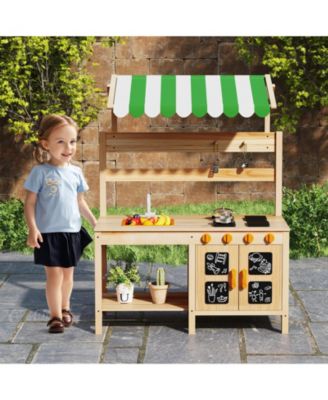 Kids Mud Kitchen Outdoor Wooden Pretend Play Kitchen w/ 4 Stoves, Canopy Faucet